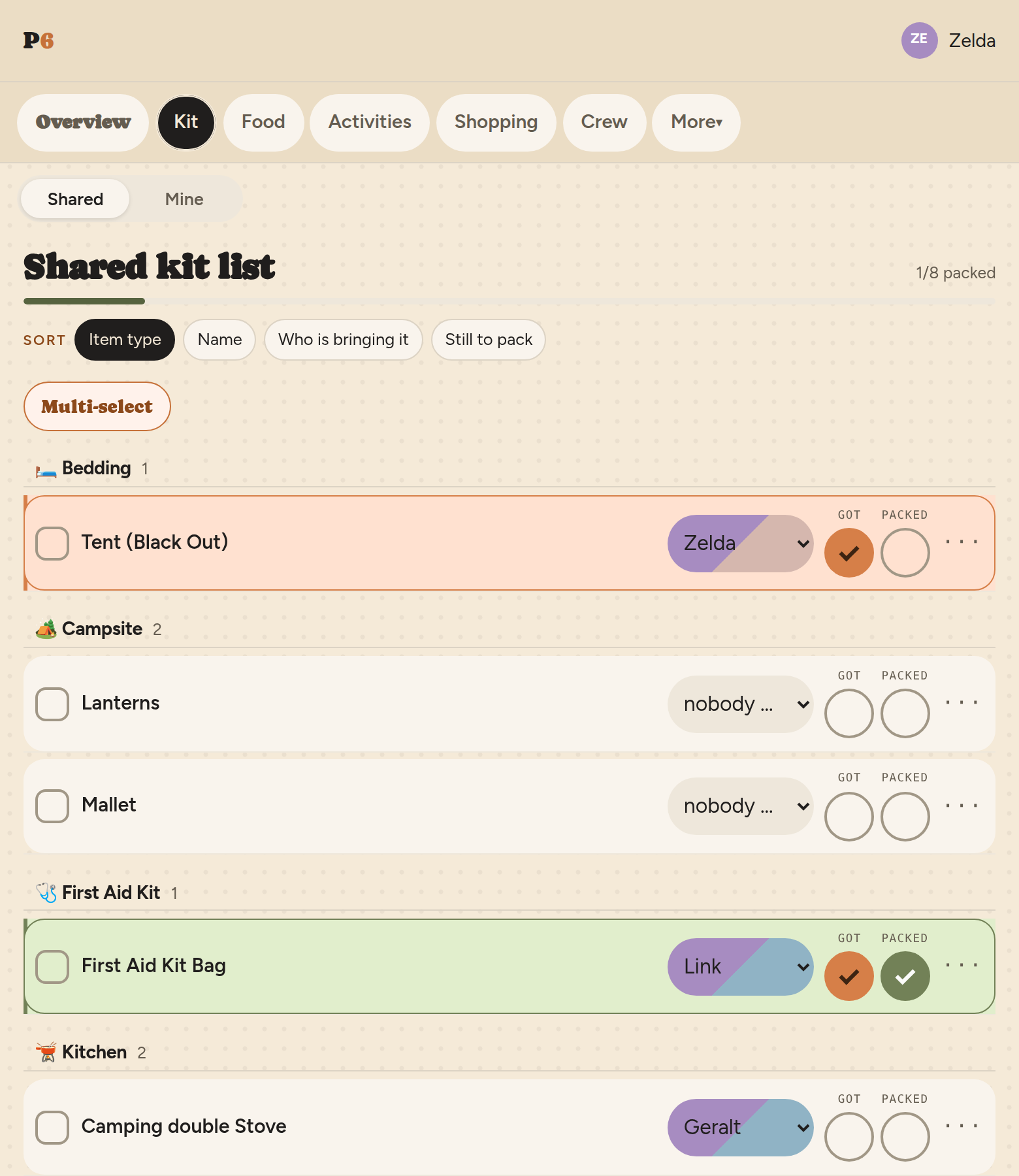 The shared kit list, grouped by item type. Each row
         has a pill naming who is bringing it — or reading nobody — and two
         round tick buttons labelled got and packed. The tent's pill shows
         Zelda's two-colour pair and is ticked got; the first aid kit bag is
         Link's and is ticked both got and packed.
