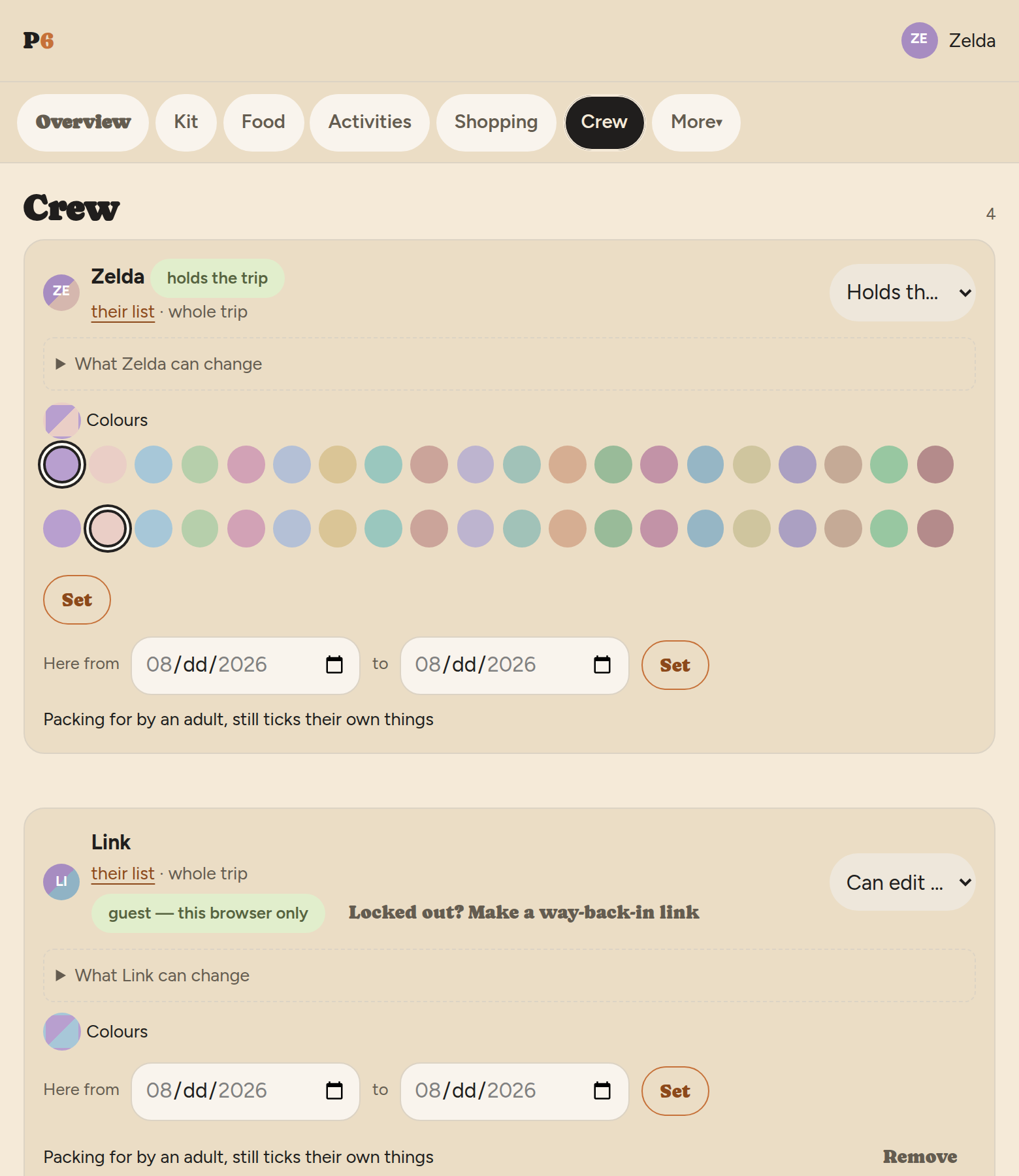 The crew page as the custodian sees it. Zelda's card
         carries a holds the trip pill and a role dropdown, a folded row
         reading What Zelda can change, then her colour picker opened to two
         rows of twenty swatches with her current pair ringed, and here-from
         and to date fields. Link's card below has a guest — this browser
         only pill, a Locked out? Make a way-back-in link button, his own
         What Link can change row, and his colours folded to a small
         two-colour dot.