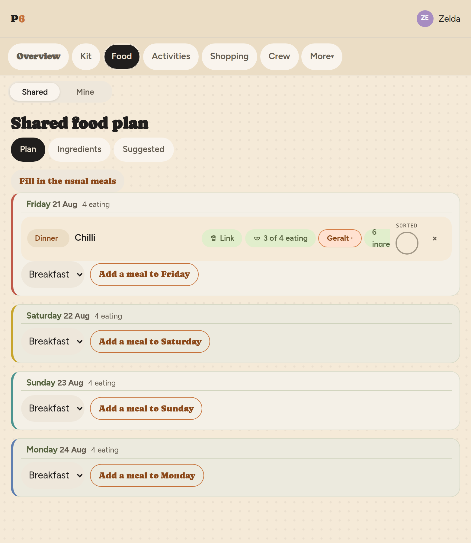 The shared food plan: Friday 21 to Monday 24 laid
         out as panels, each with its own weekday colour down the left edge
         and a headcount reading 4 eating. Friday holds one sitting — Dinner,
         Chilli — with chips for its cook Link, 3 of 4 eating, an amber
         warning chip naming Geralt, and its ingredient count. The other
         days are empty but for a meal-slot dropdown and an add-a-meal
         button each.
