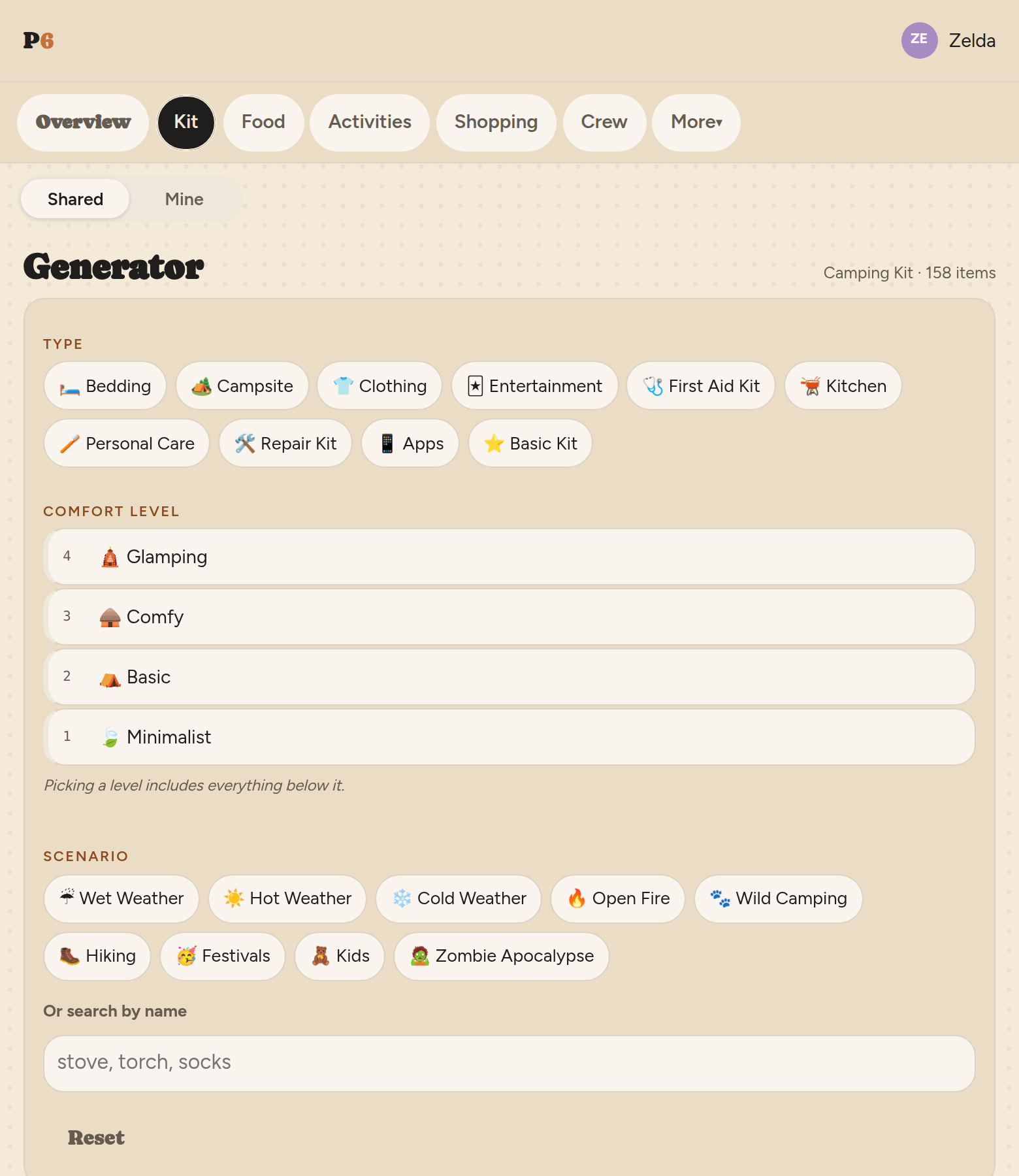 The generator's filter page: a row of item-type
         chips from Bedding to Basic Kit, then four comfort levels listed
         from Glamping down to Minimalist with a note that picking a level
         includes everything below it, then scenario chips — wet weather,
         open fire, hiking, kids — a search-by-name box and a Reset link.