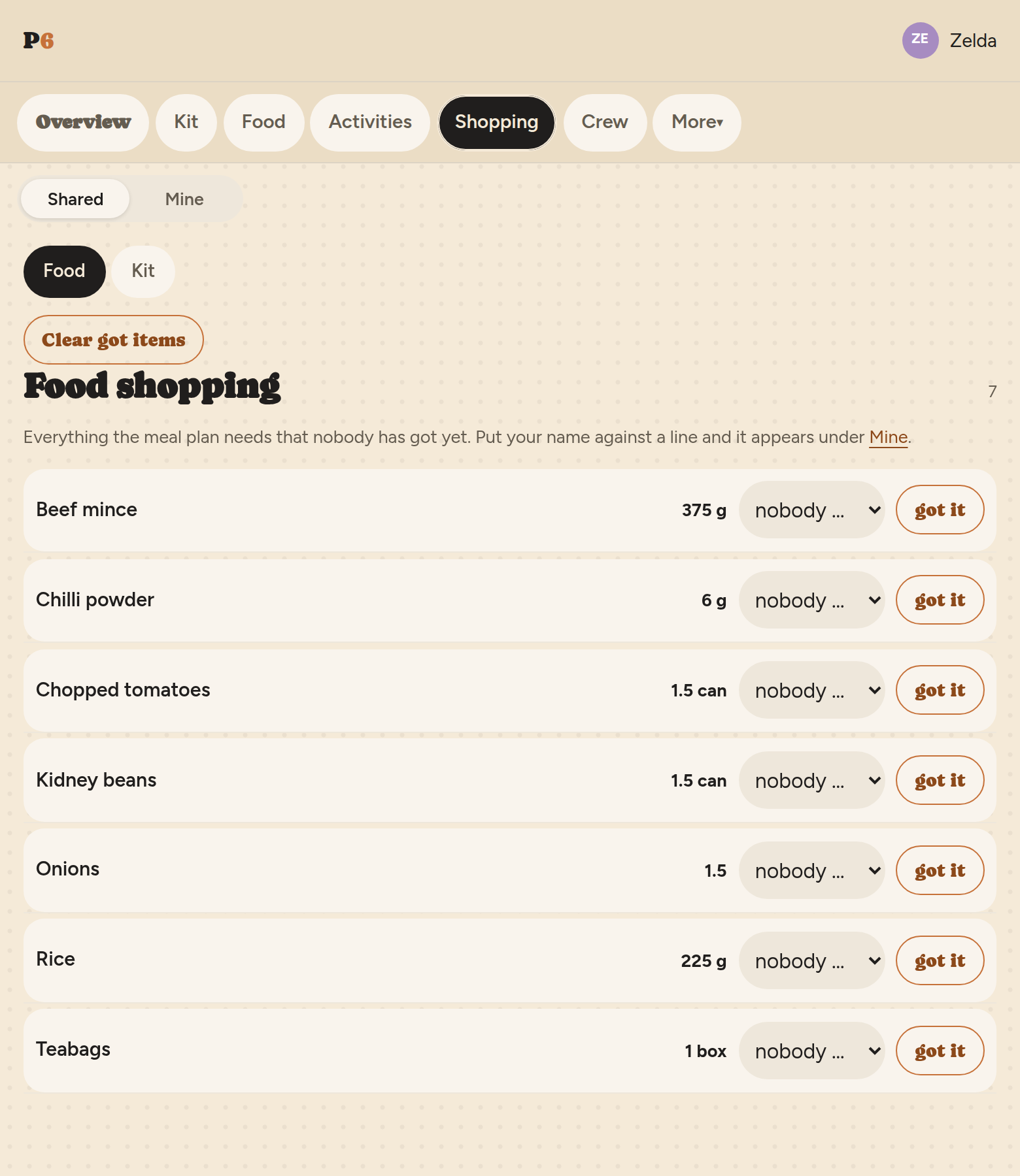 The shopping tab on Food shopping: a Clear got
         items button, then a line per ingredient with the quantity the plan
         needs — beef mince 375 g, chopped tomatoes 1.5 can, teabags 1 box —
         each with a dropdown reading nobody and a got it button.