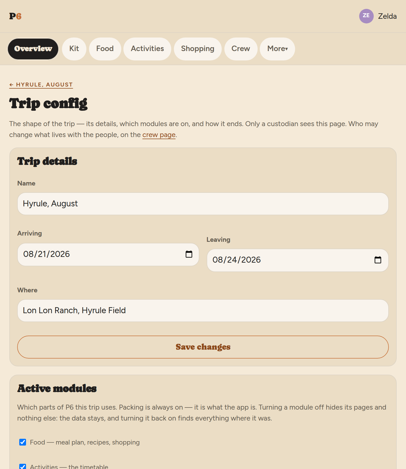 The Trip config page: panels for trip details
         with name, arriving and leaving dates and a where field, then
         active-modules checkboxes for Food and Activities.